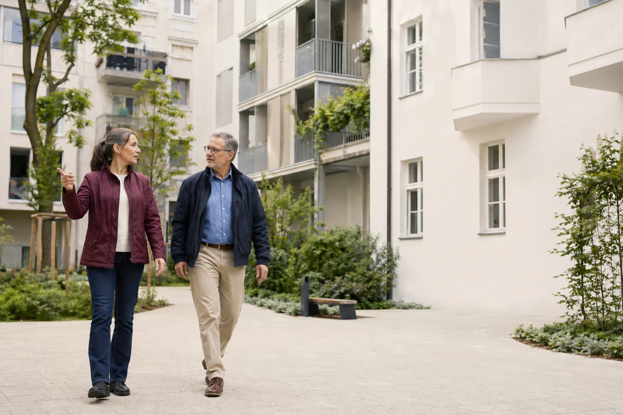Symbolischer Austausch über Wohnungen in einem modernisierten Wiener Innenhof.